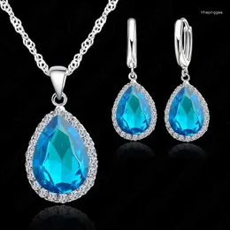 Necklace Earrings Set Test 925 Sterling Silver Jewellery Water Drop Cubic Zircon Crystal Necklaces Wedding Pendants