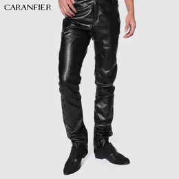 CARANFIER Brand Men Leather Pants Elastic High Waist Lightweight Casual PU Faux Trousers Thin Motor Clothing S-4XL 231226