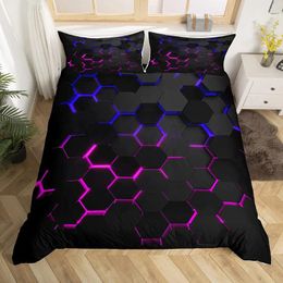 Bedding Sets 3D Geometric Duvet Cover Set Full Size Geometry Honeycomb Hexagon With Pink Blue Neon Lights Comforter