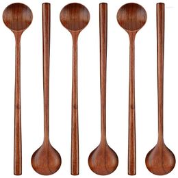 Coffee Scoops 6 Pieces Wooden Long Spoons Handle Round Korean Style Soup For Cooking Mixing Stirring Kitchen
