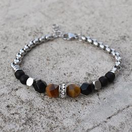 Charm Bracelets 2023 Trendy Beads Chain Men Bracelet Natural Tiger Eye Stone Bead Stainless Steel Cuban For Jewelry Gift