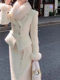 High end White Blazer Skirt Suit for Women Elegant 2 piece Set Double Breasted Fur Cuffs Coat Irregular Button Midi Dress 231226