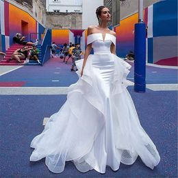 White Detachable Stunning Dresses Off Shoulder Cascading Ruffles Satin Wedding Gown Sweep Train Chapel Bridal Dress