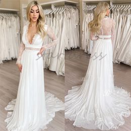 Simple Chiffon Beach Wedding Dress Sexy Deep V Neck Long Sleeve Illusion Back Lace Applique Bridal Gown Fairy Garden Bohemian Bride Dress 2024 Greece Robe De Mariage