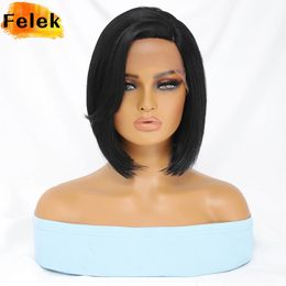 Short Bob Synthetic Lace Front Wigs For Black Women T Part Quality Glueless Ombre Brown Woman Natural 231226