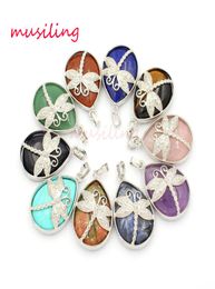Dragonfly Water Drtop Natural Stone Pendants Pendulum Silver Plated Charms Crystal Fashion Jewellery For Women9102297