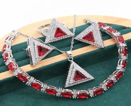 2021 Geometric Red Stones Silver Jewellery Set for Women Bracelet Stud Earrings Necklace pendant Ring6209205