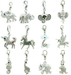 12pcsLot Mix White Rhinestone Elephants Horse Animal Charms Pendants With Lobster Clasp DIY For Jewellery Making Accessories4930671