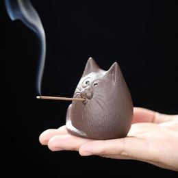 Purple Clay Handmade Tea Pet Cute Cat Stick Incense Holder Aroma Tea House Ornaments Home Decor 231225