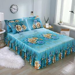 sets Nordic Romantic Flower Pattern Ruffled Bedspreads Bed Skirt Queen Bed Covers Sheet Home Room Decor Skirt +2pcs Pillowcase F0041 21