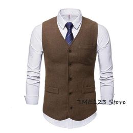 Men's Suit Vest V Neck Wool Business Casual Gentleman Groom Best Man Vests Party Coat Sleeveless Jacket Chaleco Hombre