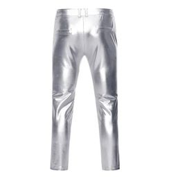 Metallic Perform Nightclub Brand Leather Stage For Singers Pants Motorcycle Coated Gold Skinny Trousers Shiny Men 231225