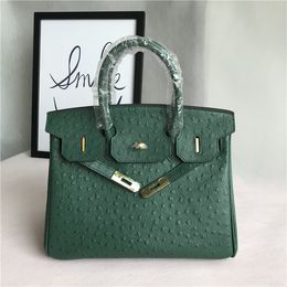 European and American fashion custom dark green ostrich pattern cowhide platinum bag women's hand-held shoulder cross-body bag leather women's bag