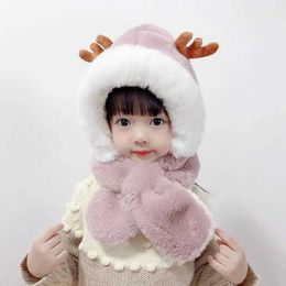Winter Children Hat Scarf One Piece Boys and Girls Thick Warm Plush Cute Baby Deer Horn Windproof Ear Protection 230920
