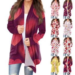 Women's Jackets Casual Long Sleeved Valentine'S Day Printed Cardigan Without Pockets Top Coat Fashion-Forward Lightweight Trench