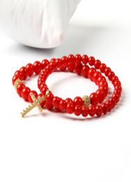 Easter Jewellery Wholesale 5mm A Grade Dyed Red Coral Stone Clear Cz Jesus Beaded Bracelet For Lover Gift4127740