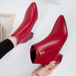 Boots 2022 Fashion Women Boots Casual Leather Low High Heels Spring Shoes Woman Pointed Toe Rubber Ankle Boots Black Red Zapatos Mujer