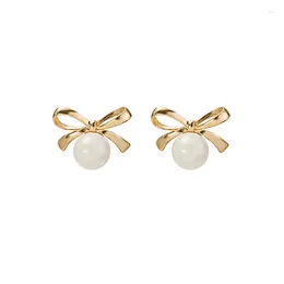 Stud Earrings Women Fashion Bowknot Pearl Lady Elegant Party Temperament Bow Ear Teen Piercing Jewellery Gift Gold Colour