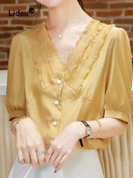 T-Shirt Simple Office Lady Loose Top Women 2022 Summer Fashion Shirring Vneck Solid Short Sleeve Pleated Pretty Chiffon Cardigan Shirt