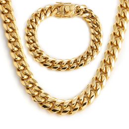 6 18mm Wide Golden Miami Cuban Chain for Men Women Hip hop Stainless Steel Necklace Bracelet Fashion Jewellery Pop Accessories 231226