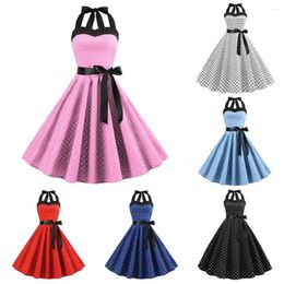Casual Dresses Bow Accentuate Dress Retro 50s 60s Halter Neck Midi With Lace Up Detail Decor A-line Prom Party For Women