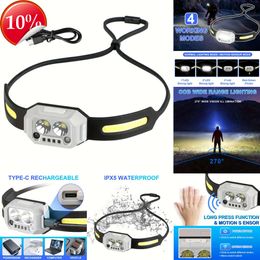 New Headlamps Type-C USB Rechargeable LED Headlamp with Red Green Warning Lights Motion Sensor 4 Lighting Modes Headlight Waterproof Head Lamp