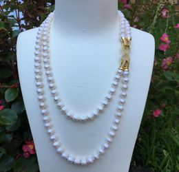 Hand knotted 2strands 78mm white freshwater collar pearl necklace long 4555cm fashion jewelry7259544