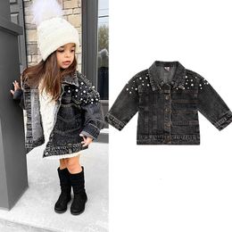 Kids Girls Denim Jacket Coat Autumn Baby Clothes Pearl Long Sleeve Lapel Buttons Tops Outerwear with Pockets 0-4Y 231225