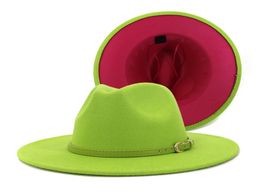 2020 Fashion Outer Lime Green Inner Rosy Patchwork Womens Wide Brim Felt Hats Lady Panama Vintage Unisex Fedora Hat Jazz Cap L XL4747210