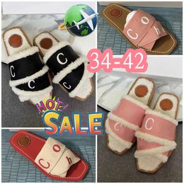 CH Sandles Designer slides womens lady woody fluffy flat mule slide beige white pink lace lettering canvas fuzzy fur slippers summer shoes