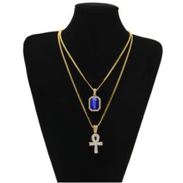 Hip Hop Egyptian Iced Out Key of Life Ankh Cross Pendant 24 Chain Necklace with Red Ruby Pendant Necklace Jewelry Set304D