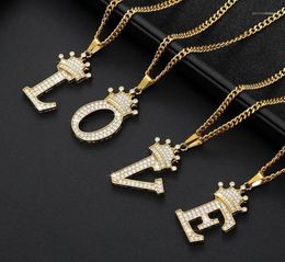 Chains Crystal Zircon Alphabet Pendant Necklaces For Women Men Crown Initial Letter Necklace Hip Hop Gold Chain Jewellery Collier19587503