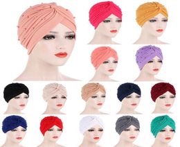 Women Muslim Islamic Elastic Turban Hijabs Hat Head Scarf Beads Beanie Hat Headwear Fashion Ruffle Turban Cap Accessories14491535