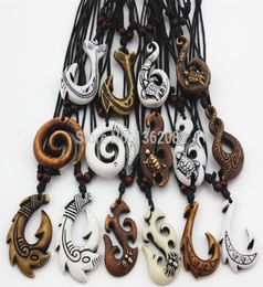 15pcslot Mixed Hawaiian Jewellery Imitation Bone Carved NZ Maori Fish Hook Pendant Necklace Choker Amulet Gift YN5423266628