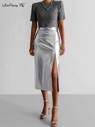 Mnealways18 Brightly Silver Faux Leather Pu Skirt Office Lady Split High Waist Fashion Street 2023 Straight Skirt 231225