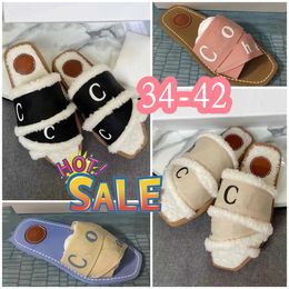 CH Sandles Designer slides womens lady woody sandals fluffy flat mule beige white pink lace lettering canvas fuzzy fur slippers summer shoes