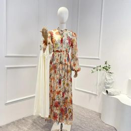 Casual Dresses Silk Natural Fabric 2023 Vintage Spring Summer Floral Printing Belt Long Lantern Sleeve Buttons Woman Midi Dress