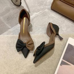Dress Shoes French Fairy Bow High Heel Single Women 2024 Spring Korean Version Of Fashion Shallow Mouth Thin Hollow Female Sandals
