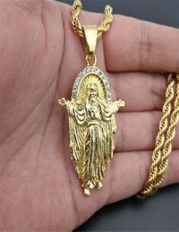 Pendant Necklaces Hip Hop Iced Out Jesus Cross With Rope Chain Gold Colour Stainless Steel Rhinestone Jewelry7679623