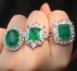 Vintage big Lab created Emerald engagement ring zircon stone wedding rings 925 silver color copper party jewelry for women Y11281855932