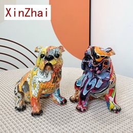 Graffiti Art Dog Figurine Painted Animal Statue Pop Interior Cute Decoration Living Room Bookshelf Office Tabletop Decor Desk 231225