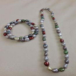 Hand made natural beautiful multicolor 8-9mm baroque freshwater cultured pearl necklace 18 bracelet set fashion jewelry298r