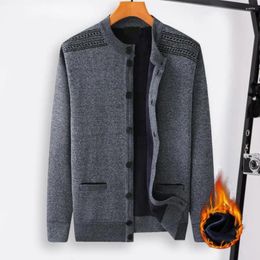 Men's Sweaters Solid Colour Cardigan Casual Suit Jacket Mid-aged Thick Knitted Coat With Pockets Warm Winter For Fall