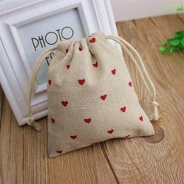 Red Heart Linen Gift Bags 9x12cm 10x15cm 13x17cm pack of 50 Candy Favour Sack Makeup Jewellery Pouch250B