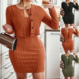 Work Dresses Dress Set For Women Summer Fashion Solid Colour Button Long Sleeve Shirt Sling Cardigan Slim Two Piece