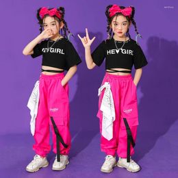 Stage Wear 2023 Jazz Dance Costumes For Kids Black Crop Tops Rose Red Pants Street Girls Hip Hop Rave Clothes DQS12272