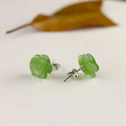 Stud Earrings Handmade Flower Natural Jasper Pearl For Women Simple Carving Green Jade Sterling Silver 925 Jewelry SE136