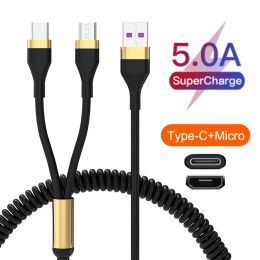2 in 1 Car Spring Retractable Fast Charging 5A Type C Cable Dual USB C Charging Cord for Xiaomi Samsung S23 Type-C Cable