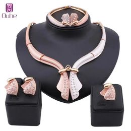 Sets Women Gold Colour Crystal Costume Jewellery Set Necklace Bangle Earring Ring Saudi Party Bridal Decoration Jewellry