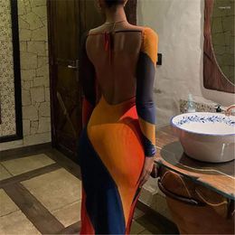 Casual Dresses Sexy Backless Long Dress Vintage Geometric Printing Sleeve Autumn Bandage Maxi Women 2024 Evening Elegant Clothing